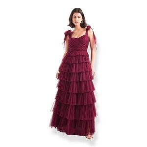 ASOS Tiered Dress Lace & Beads Bow Shoulder Tulle Maxi Plum 12
